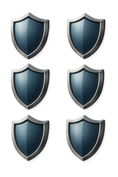 6 scudi 3d che simboleggiano "difesa e protezione", realistici in 3d fluttuano in aria, iperrealistico 4k sticker
