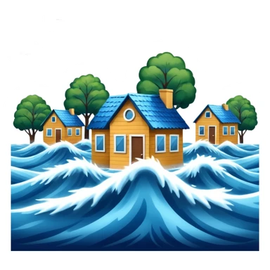 showing a flood disaster scene with powerful blue water waves overflowing around small houses and trees, dark cloudy sky, heavy rain falling, dramatic yet simple design sticker