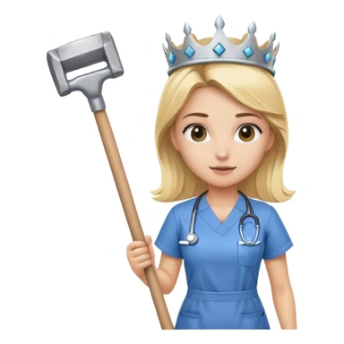 blond nurse girl wearing scrubs with a crown and a sledge hammer sticker