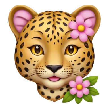 A cutE leopard face with eyes closed and a peaceful smile. A pink flower with a yellow center is tucked behind its right ear, adding a charming and gentle touch.  sticker