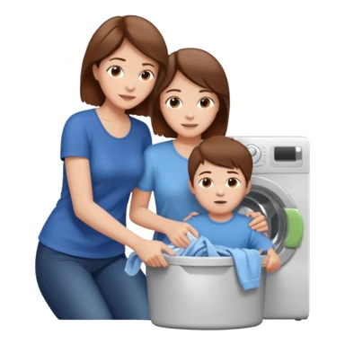 Mother and little son with brown hair putting clothes in the washing machine sticker
