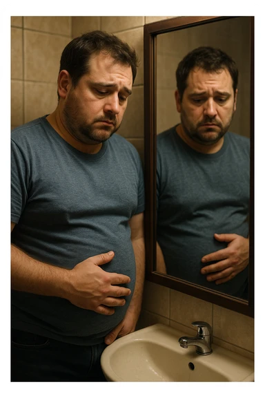 uomo che si guarda allo specchio triste mentre si tocca la pancia, pensieroso, iperrealistico 4k sticker