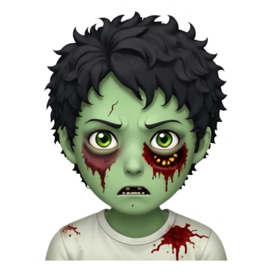 zombie character with green skin, messy short curly black hair, and no glasses. Give him large expressive eyes, a slightly frightened or eerie expression, subtle wounds, dark under-eye shadows, and a few cracks or dried blood marks on the face.  white shirt and no bleeding eyes **BLACK HAIR** sticker