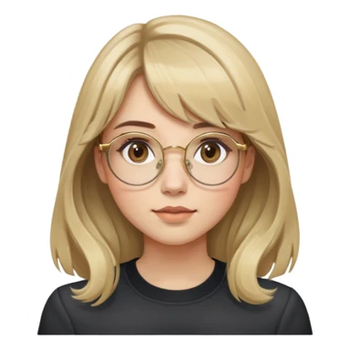 young adult woman with light skin, soft cheeks and round face, voluminous blonde-brown hair with slight waves and long bangs, large octagonal glasses with thin gold frame, dark casual shirt, calm and creative expression sticker