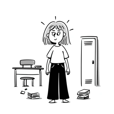 hand drawn doodle style blonde straight-haired girl, frazzled, surrounded by school chaos, survival mode sticker