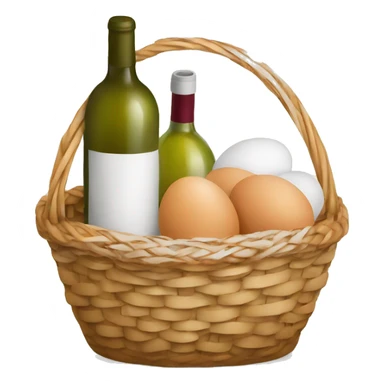 basket with maffin, eggs, bottle of wine with napkin  sticker