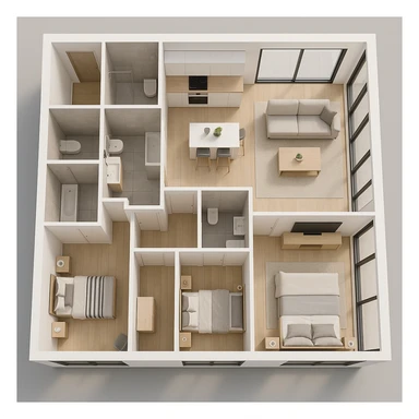 3D floor plan in contemporary style, three bedrooms, two bathrooms, open space kitchen, large living area, storage room, large glass windows, modern materials, top view, elegant and functional design sticker