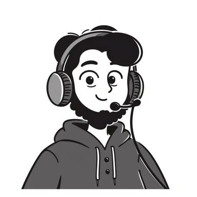Highly detailed anime-style male character saying "Bonjour!", with styled black hair, expressive brown eyes, defined black beard, wearing detailed gaming headphones, anime art style with line work sticker