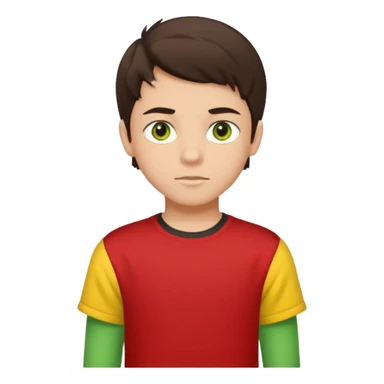 A portrait of a 14-year-old boy, he's got dark-brown hair, luight brownish skin and green hazel eyes. he's wearing a red t-sirt with yellow sleeves. sticker