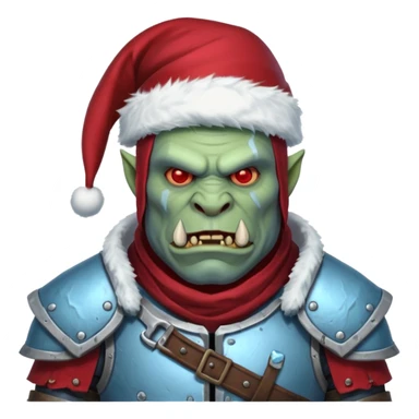 
Fantasy Christmas orc legion soldier icon, iron tundra army theme, heavy winter armor, disciplined brutal look, icy blue steel armor with deep crimson accents, frozen metal texture, cold winter atmosphere, male variant sticker