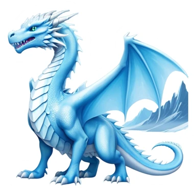 Cinematic Noble wise elegant Ice Dragon full body  Emoji, Poised and imposing, distinct long elegant snout, with a slender, scaled body shimmering in glacial hues of icy blue, frostbitten silver, and crystalline white, breathing out frost, with piercing, glowing ice blue white eyes that radiate the chilling depths of an arctic storm; rendered in detail. excuding wisdom sticker