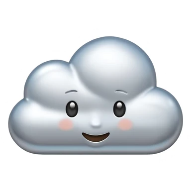 A cute cloud emoji made of silver chrome, smooth rounded shape, glossy metallic surface, soft reflections, minimal and friendly design, iOS emoji style, centered, clean white background, soft lighting sticker