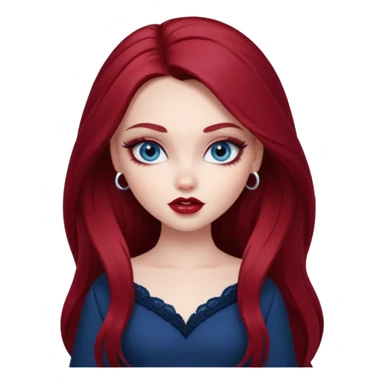 pale skin, girly bratz baddie, beautiful dark blue eyes, pretty makeup, long dark red hair sticker