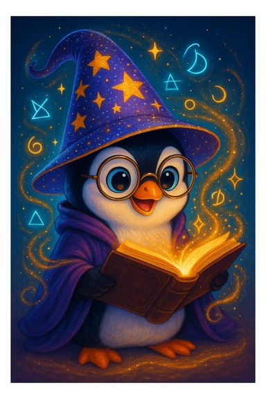 Increase the magic of the penguin wizard by adding swirling sparkles, a glowing spellbook, floating magical symbols, and a sparkling hat brim, in a modern digital art style. sticker