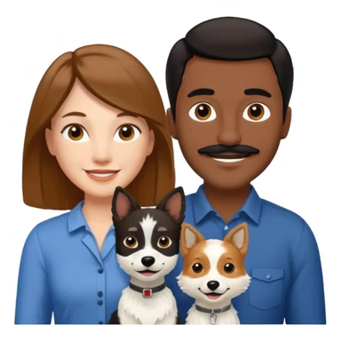 Quiero a una mujer blanca  con el pelo por el hombro lacio castaño  con un hombre de color morochito con el pelo negro y bigote, ambos felices  y un solo perro blanco Fox terrier  sticker