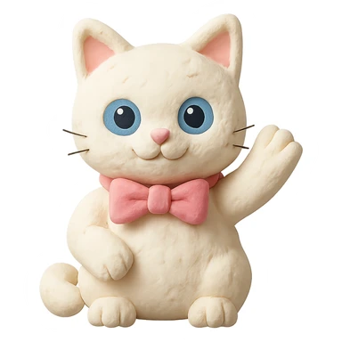 white cat with blue eyes very cute with a pink bow on his neck waving hello, claymation style sticker