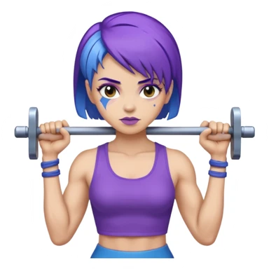 weight lift woman short blue purple har muscles bar is not growing from head sticker