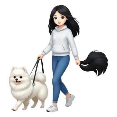 A girl with long black hair walks a white Pomeranian sticker