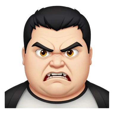 young angry fat man in profile view with black hair, fangs, crossed eyes sticker