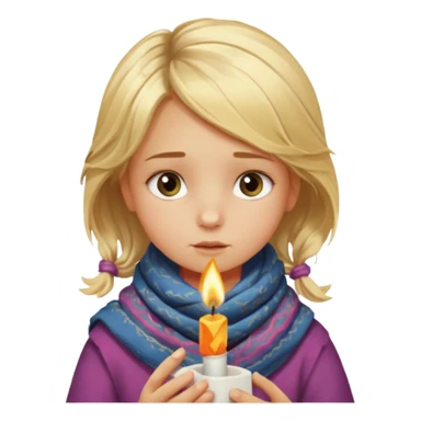 A little girl with messy blonde hair, wrapped in a thin scarf, lighting a match with shaky hands as warm light reflects in her eyes.
 sticker