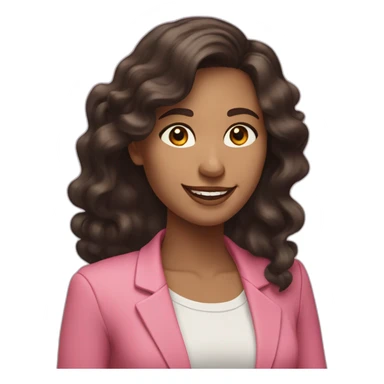 Woman with long dark brown hair with loose curls, pretty smile, dressed with a pink blazer sticker