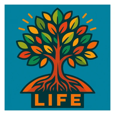 the concept of life, represented as a vibrant tree with roots and leaves, colorful style sticker