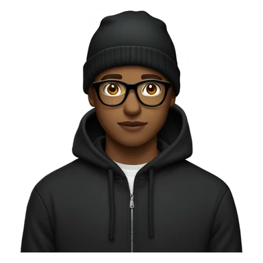 A 17 year old man with a black hoodie, black beane hat and par off glasses make it in style of apple emoji sticker