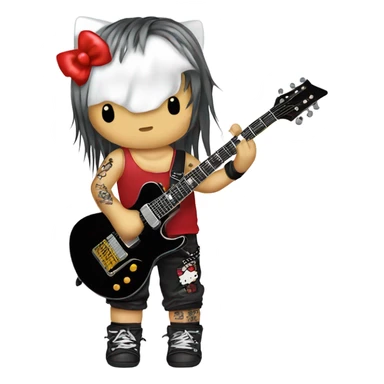 Hello kitty wearing rockstar tanktop with thunder tatoo on the face with x japan hair style holding the elec guitar sticker