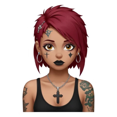 generate an ios genmoji of a girl with dark red messy hair with eyeliner on. septum piercing, wearing a cami black top, has tattoos, on shoulders. ear piercings. wearing a cross silver necklace sticker