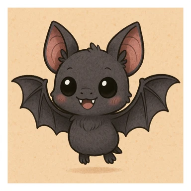 a cute chibi-style vampire bat, wings spread, two little fangs showing sticker