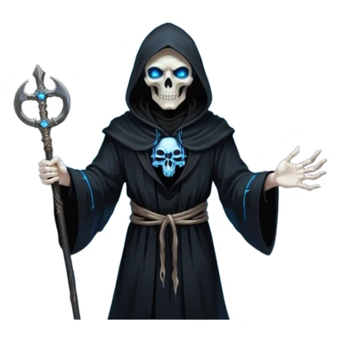 portrait of a god of death in black robes, skeletal hands, glowing blue eyes under a shadowed hood, scythe in hand, floating slightly above the ground, surrounded by spirits sticker