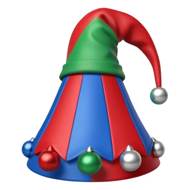 A 3D cartoon jester hat in red, blue, and green with bells, simple light background, Memoji-style rendering. sticker