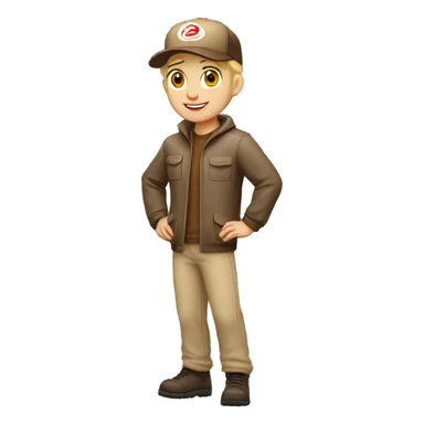 Blonde Delivery boy, full body, light skin tone, wearing brown cap and brown jacket, UPS delivery company uniform loading a package without background sticker