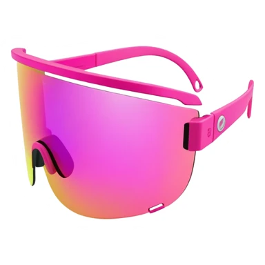 sporty neon pink shield visor sunglasses with thick frame and integrated strap, extremely robust design, substantial build, one-piece mirrored lens sticker