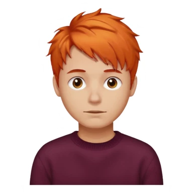 A guy with orange hair, short and messy, dark brown eyes, with a burgundy sweater sticker