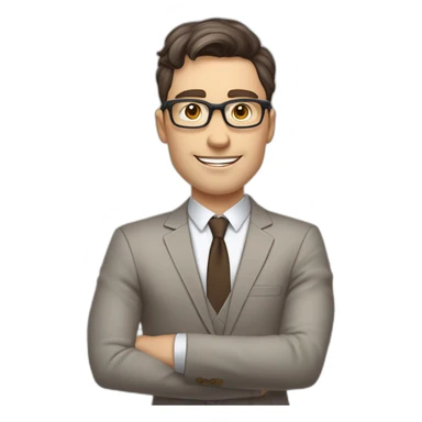 Pale skinned fit man with dark brown hair in gray jacket, beige office shirt, brown tie, brown pants and vintage glasses Writing text on a flipchart sticker