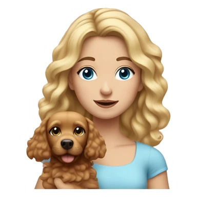 Blonde girl with wavy hair and blue eyes, dressed in pink and holding a small brown dog sticker