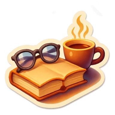book with a coffee cup next to it and glasses on the book, retro stickers style, clear outlines, strong shadows and highlights, fun and not too complex sticker