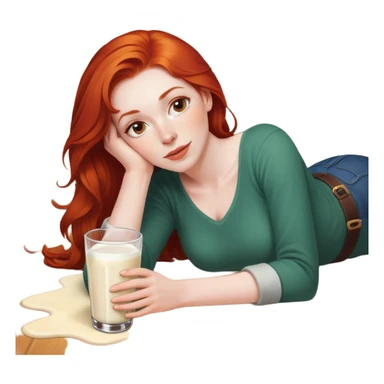 A red headed woman lying on floor with a pint of milk sticker