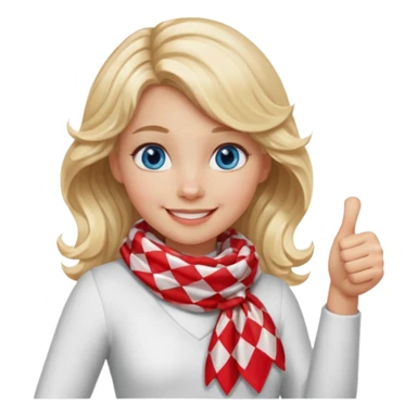 Blonde Girl, Blue Eyes, wavy hair, smiling, thumbs up, wearing red Checkered Triangle scarf, white dress sticker