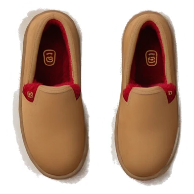 Camel color platform slip-on UGG slippers. thin red woven zig-zag trim line detail on the cuff sticker