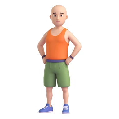 Remove all hair from the character, leaving a bald head. Keep the rest of the body, face, and clothing (shorts and tank top) unchanged. Maintain the same 3D style, pose, and transparent background. sticker