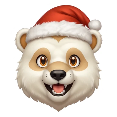 Polar bear and wolf hybrid with sabertooth fangs; light orange eyes; smiling; wearing a Santa hat  sticker