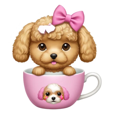 Golden maltipoo dog with pink bow k bow that is very poise make it have a cup of tea sticker