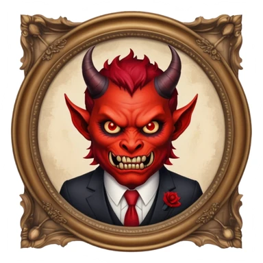 round oil painting in frame, portrait of a demon in a suit sticker