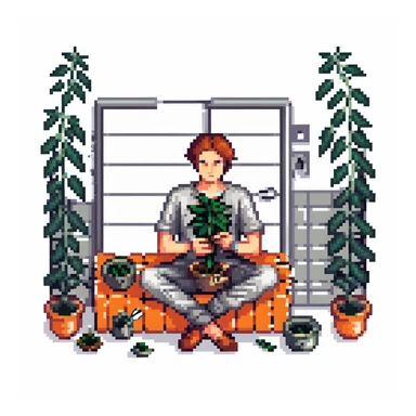 Pixel art depiction of a man in a jail cell, sitting and trimming cannabis with scissors, surrounded by cannabis leaves. sticker