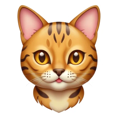 Cinematic Cute Bengal Cat Portrait Emoji, Playful and charming, sleek spotted brown and gold tones, Simplified yet adorable features, highly detailed, glowing with a warm, friendly glow, high shine, curious and affectionate, stylized with a touch of whimsy, bright and alert, soft glowing outline, capturing the essence of a mischievous yet loving kitten, so endearing it feels like it could pounce out of the screen and play! sticker