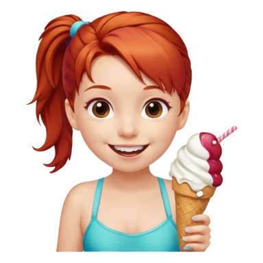 girl kid red haired swimsuit, eating ice cream, ponytail sticker