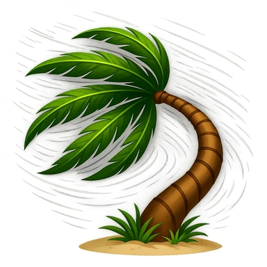 Make the stylized palm tree in strong wind more dramatic: curve the trunk further, show leaves almost horizontal, add motion streaks and wind effects, keep the background transparent. Style: stylized palm tree in strong wind with enhanced motion and wind effects. sticker