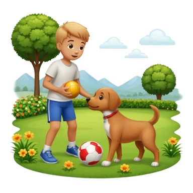 kid and dog playing with ball, garden background sticker